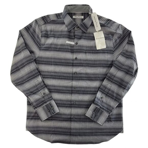 Tommy Bahama Men's Large Fog Grey Lazlo Ombre Stripe Silk Blend Shirt - Picture 1 of 9